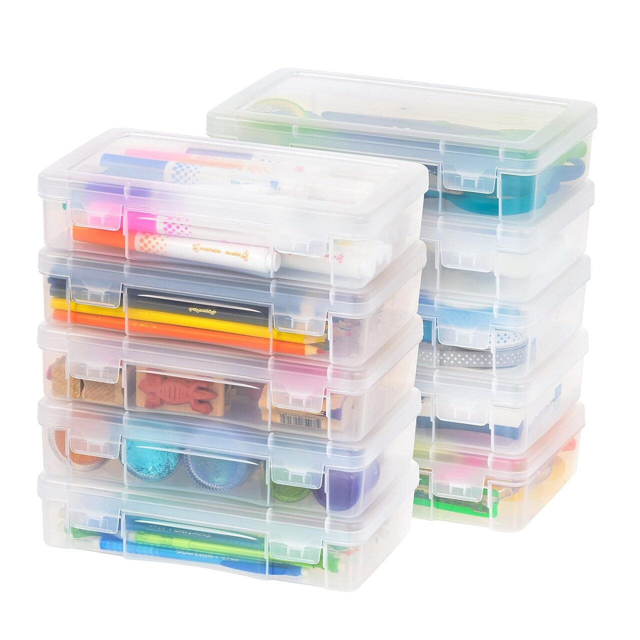 10 Pack Medium Plastic Hobby Art Craft Supply Organizer Storage Containers with Latching Lid, for Pens & Pencils, Ribbons, Wahi Tape, Beads, Sticker, Yarn, Ornaments, Stackable, Clear